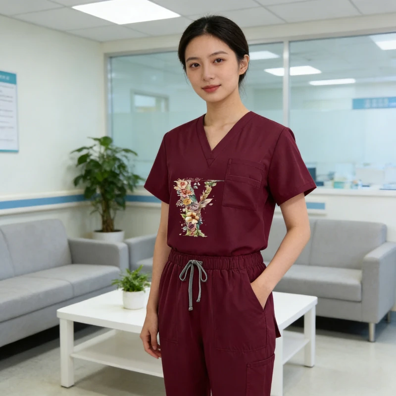 Tuta da infermiera unisex con stampa personalizzata Set uniforme da lavoro medica lavabile resistente all'usura traspirante a maniche corte con scollo a V