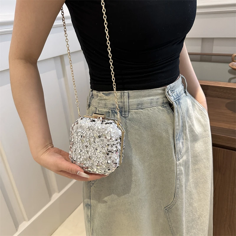 Super Mini Crossbody Bags For Women Designer Bags Luxury Silver Sequined Shoulder Coin Mini Purse Cute Square Box Lipstick Bag