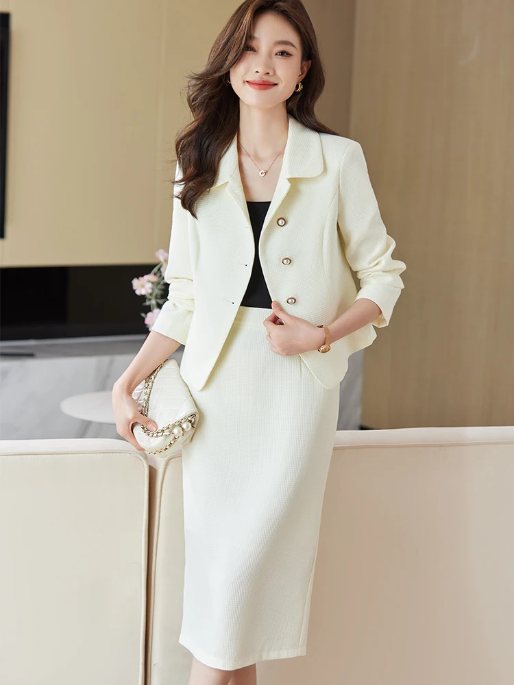 

Women Skirt Suit 2023 Autumn Elegant Black Red White Long Sleeve 2 Piece Set Short Coat Bodycon Skirt Business Office Lady Sets