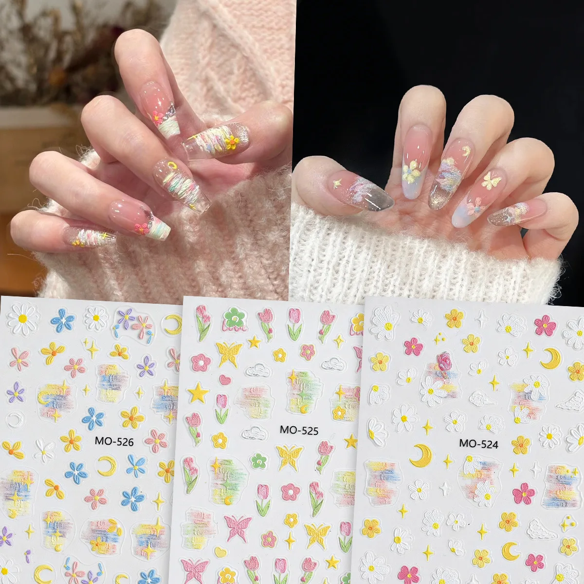 Nail Stickers Cute 3D Embossed Small Flower Macaron Color Block Oily Painting Waterproof Self Adhesive