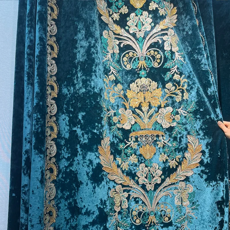 Customized European Style Villa Blue Embroidery Screen Velvet Splicing Thickened Curtains For Living Room Bedroom French Window