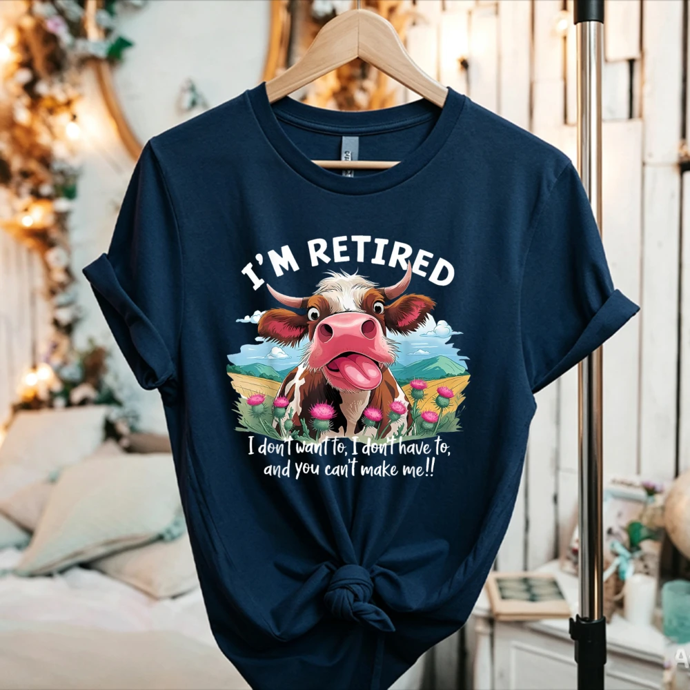 I'm Retired Funny Cow Cartoon Graphic T-Shirt Farm Animal Cow Tongue Out Retirement Gift Farmer Casual Cotton Novelty Tee Tops