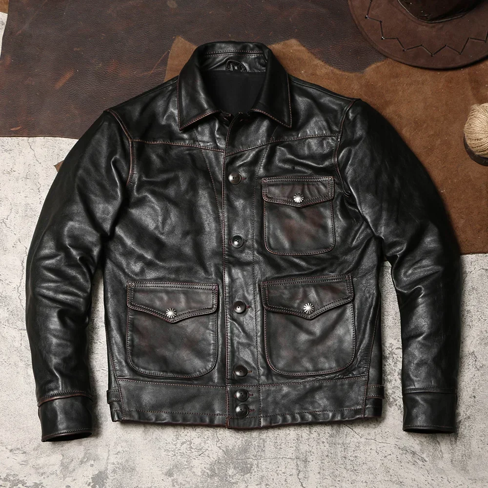 

Кожаная куртка Tea Core из лошадиной кожи с лацканами, кожаная куртка-кликер в американском стиле ретро, укороченная тонкая кожаная куртка-карго