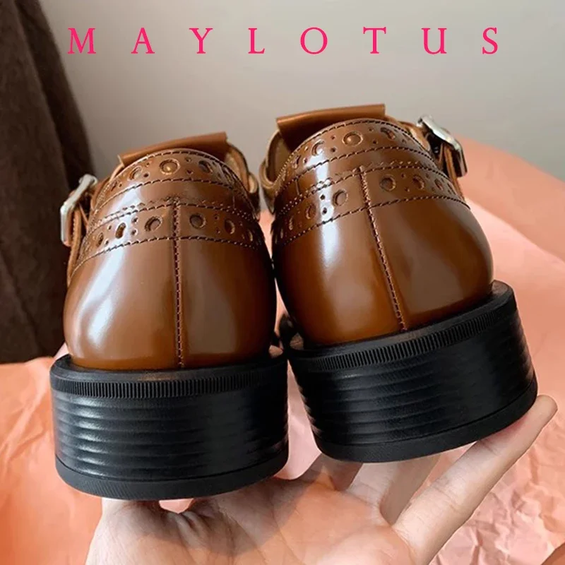 British Style Genuine Leather Loafers Women Shoes New Exquisite Handmade Carved Shoes Baroque Thick Heels Single Shoes