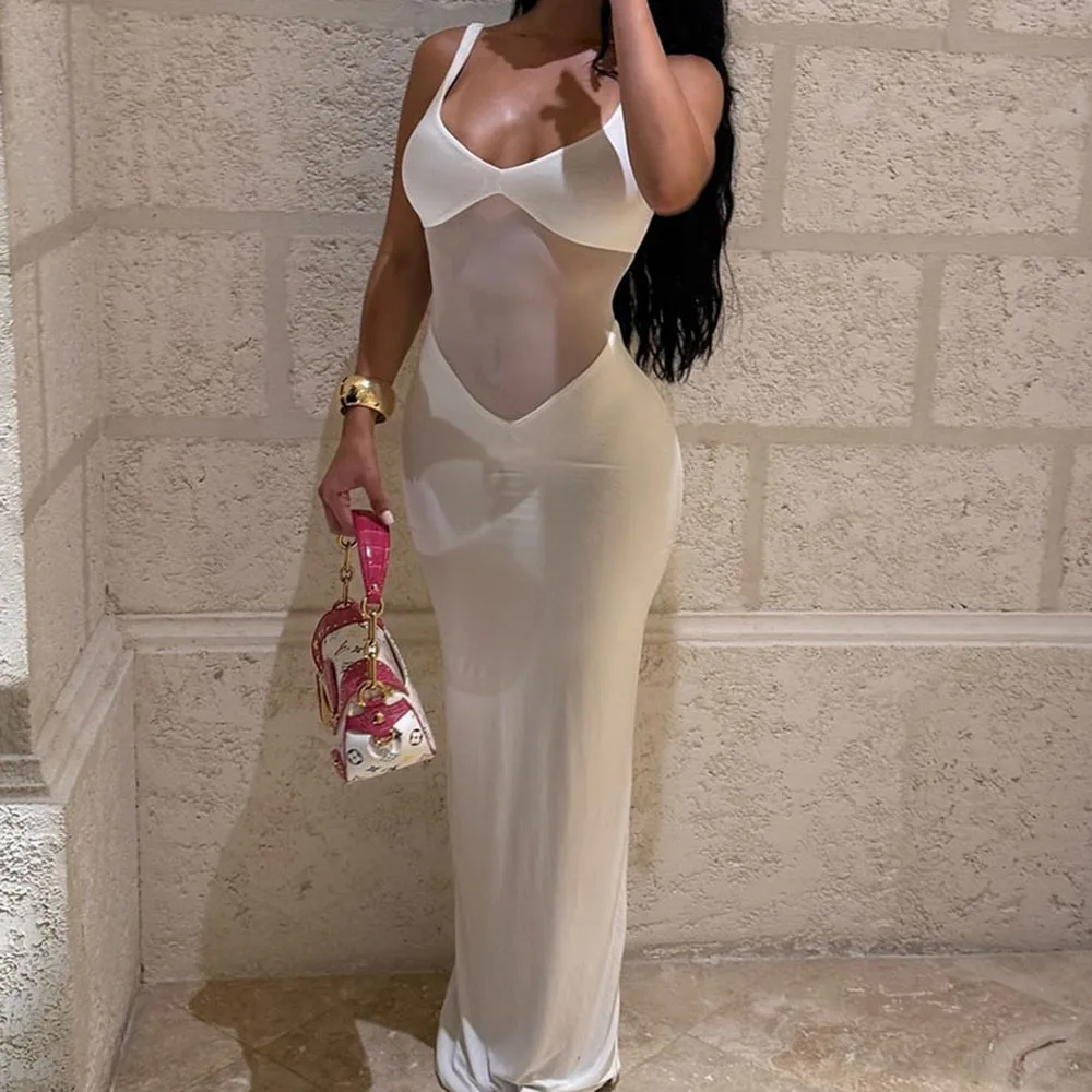 유럽 및 미국 여성 패션 신상품: 매혹적인 패치워크 메쉬 드레스 솔리드 컬러 V넥 롱라인 시스루 스커트