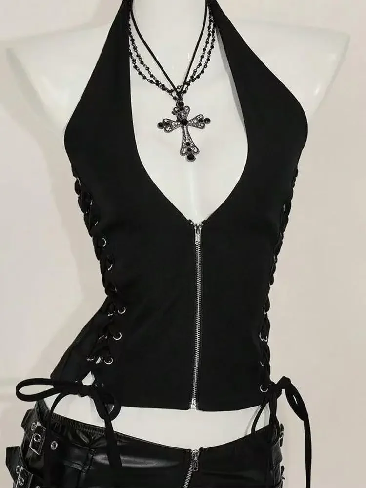 Women Gothic Y2k Camisole Subculture Aesthetic Slash Neck Lace Up Black Slim Fit Hot Girl Vintage Sexy Sleeveless Vest New B