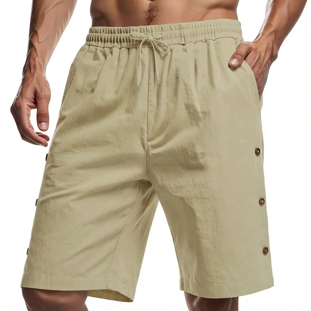 

Men's Casual Beach Shorts Summer Fashion Loose Comfortable Cotton Linen Double Button Shorts Low Waist Knee High Length