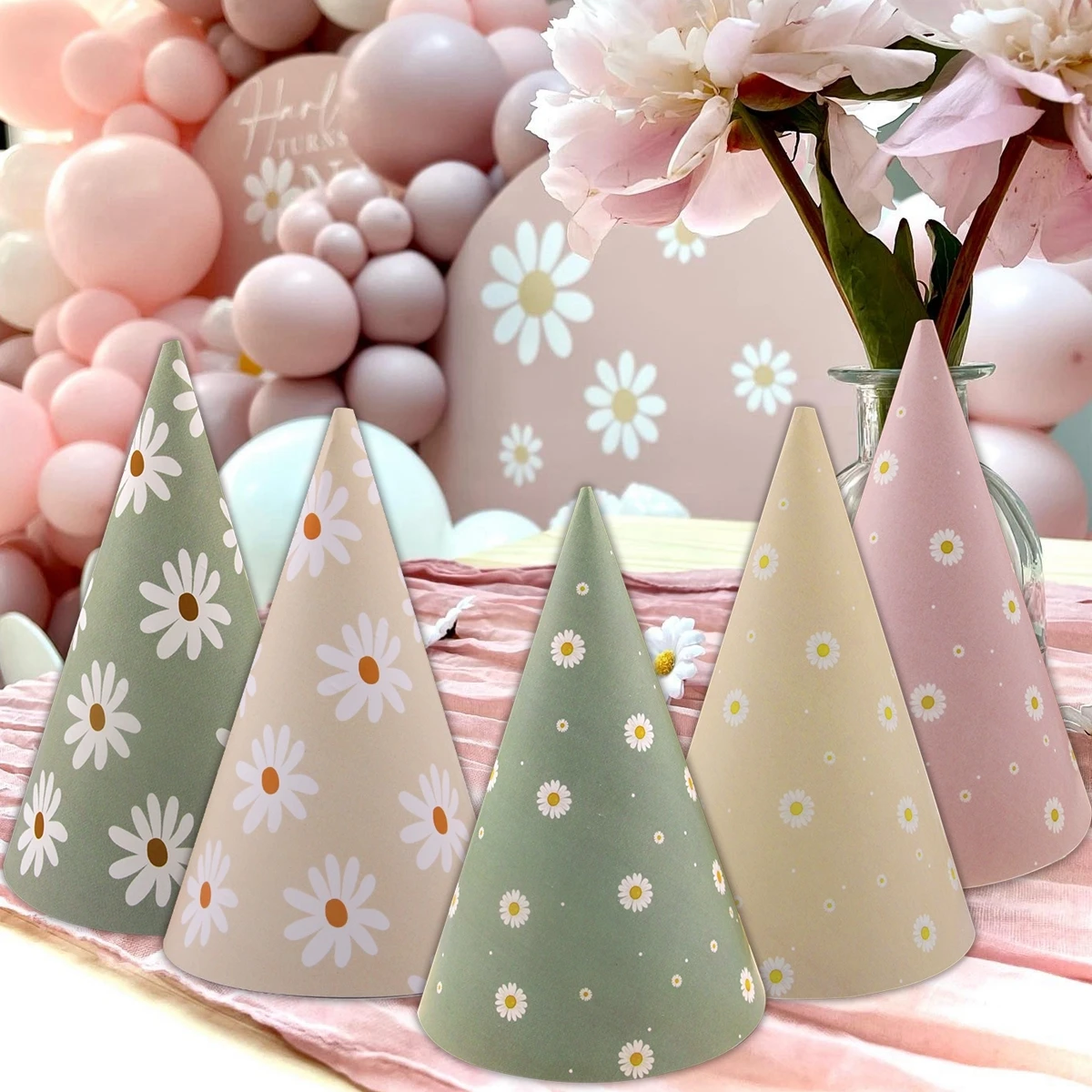 6pcs Daisy Paper Hats Green Yellow Pink Birthday Hat For Kids Baby Shower Birthday Party Decorations DIY Supplies Photo Props