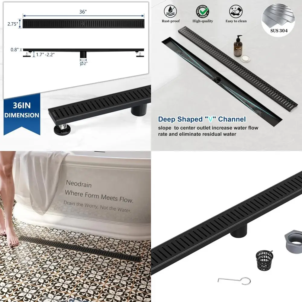 

36 Матовый черный линейный слив для душа со съемной решеткой, нержавеющая сталь 304, сертифицированный CUPC, фильтр для волос в комплекте