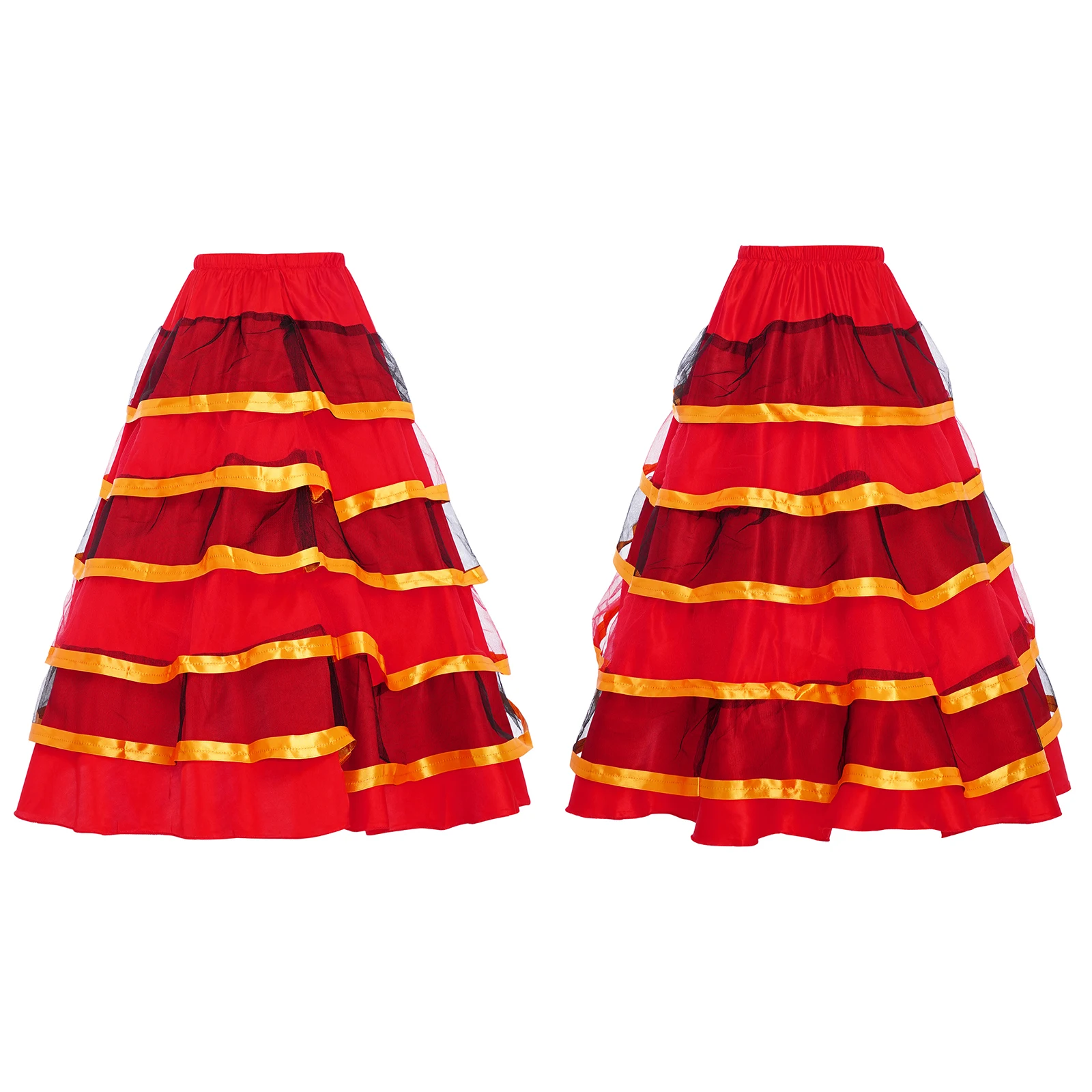 Red Black Kids Girls Contrast Color Tiered Ruffles Wide Hemline Satin Skirt Spanish Flamenco Ballroom Dance Performance Costume