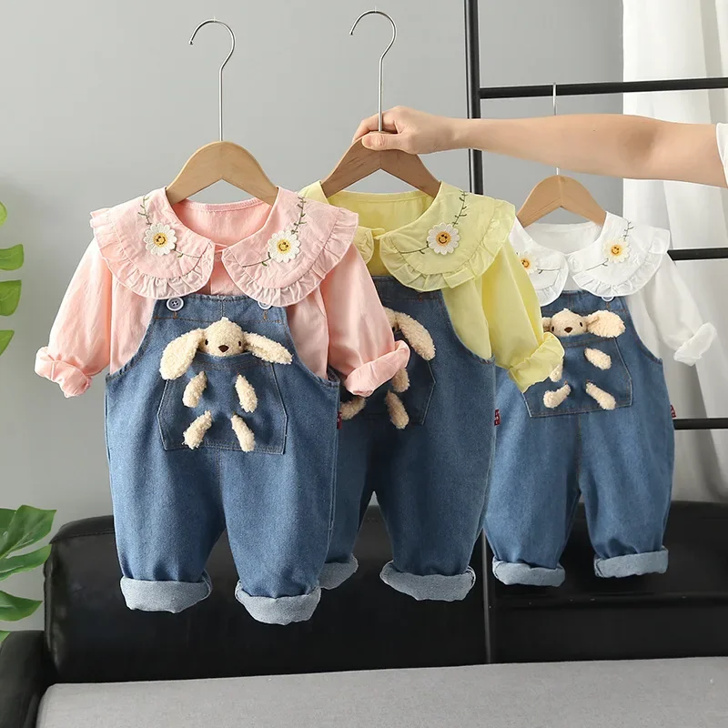 

Girls Autumn Spring Clothes Fashion Flower Embroidery Cardigan Long Sleeve Shirts+Cartoon Denim Overalls 2pcs Kids Sport Outfits