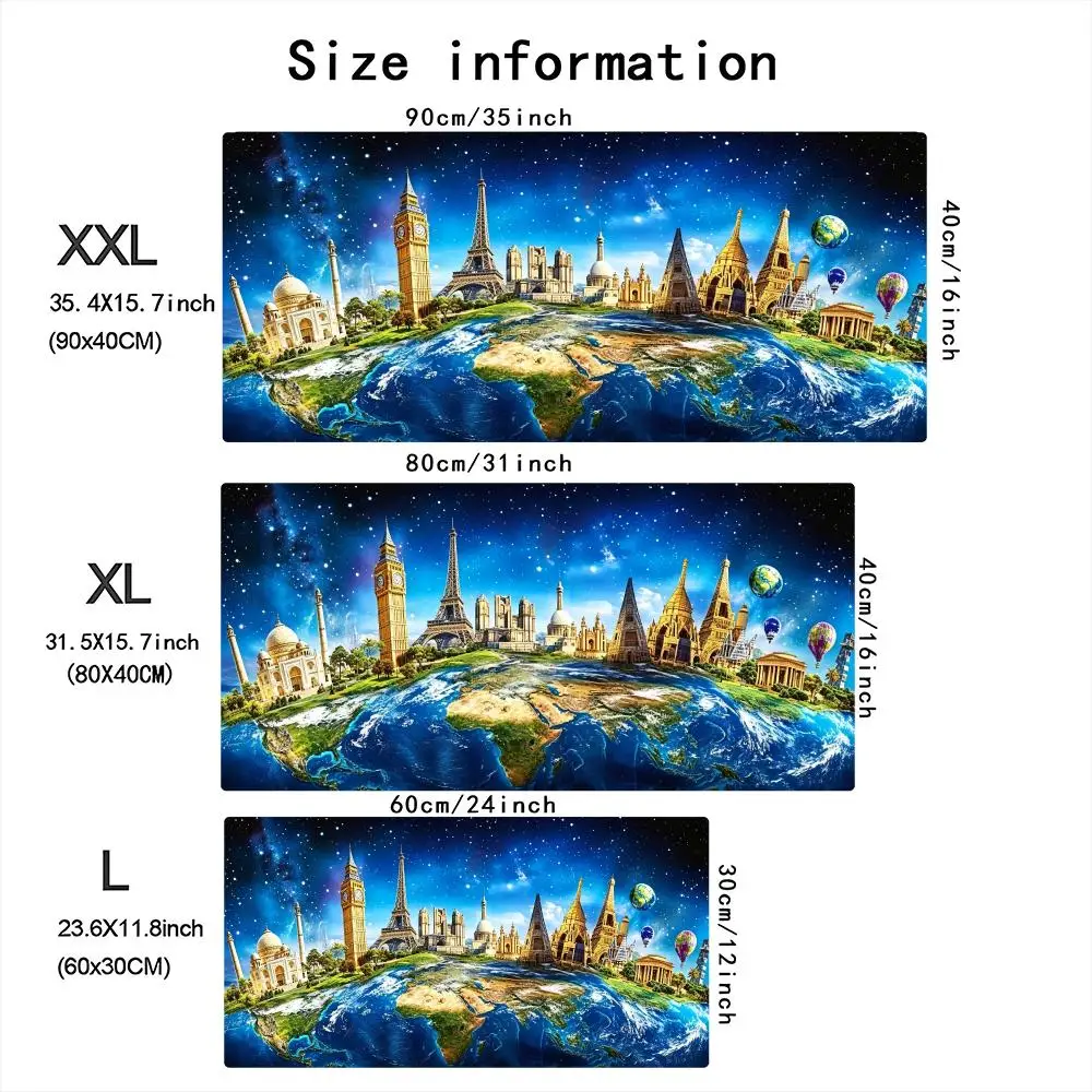 Extra Large Deskmat World Map Earth City Print Stitched Border Anti‑Slip Rubber Base Smooth Mat For Gaming Home Office Table