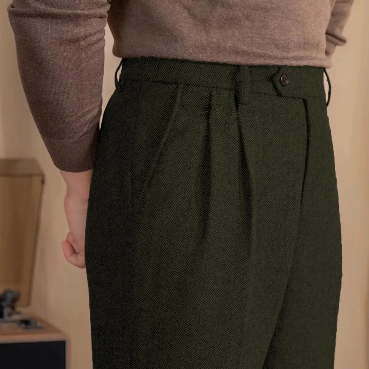 Italian Vintage Suit Pant For Men Autumn Winter Wool Herringbone Pattern Straight Trousers British Style Business Casual Pants