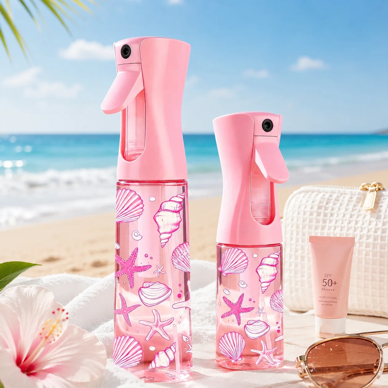 Pink Shell Print Continuous Mist Spray Bottle, Refillable Fine Mist Sprayer for Women Hair Skincare Travel Beach