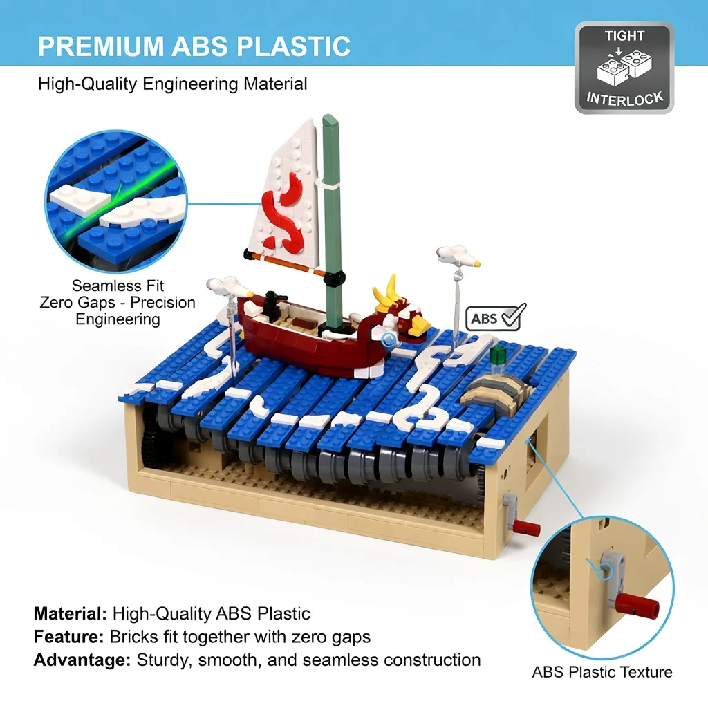 MOC Wind Adventure Red Dragon Boat Building Blocks Ocean Wave Mechanical Ship Model Desktop Decor Bricks Display Gift Toy view 2