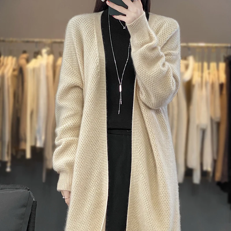 

Горячая Распродажа удобное и комфортное пальто из 100% чистой шерсти Женский вязаный кардиган с V-образным вырезом свитер длинное пальто женское Шерстяное Пальто
