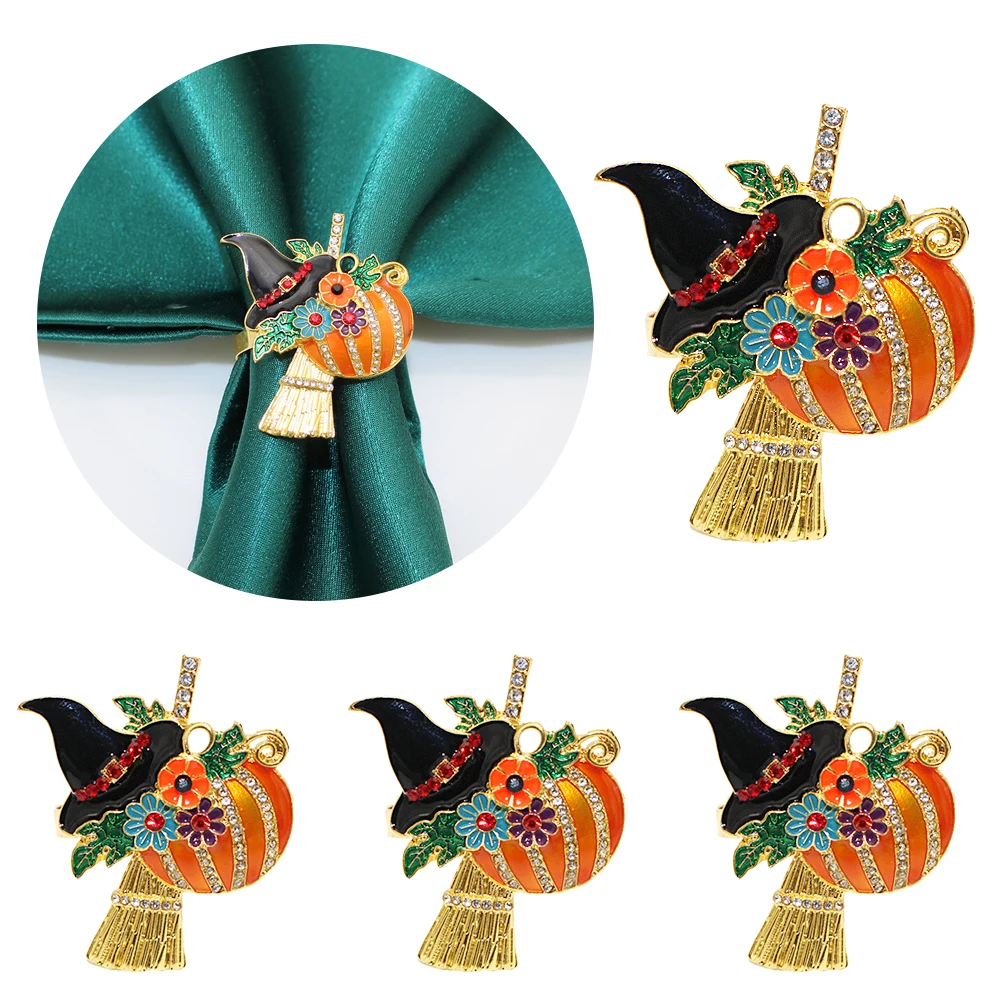 Thanksgiving Thanksgiving Guardanapo Buckle, Halloween Party Table Decoração, Rhinestone Witch Hat, anéis de abóbora vassoura, outono temático, 4pcs