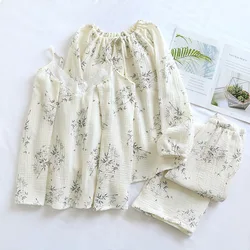 Spring Cotton Gauze Pajamas for Women Long-sleeved Top + Sling + Trousers Three-piece Suit Crepe Cotton Thin Home Clothes