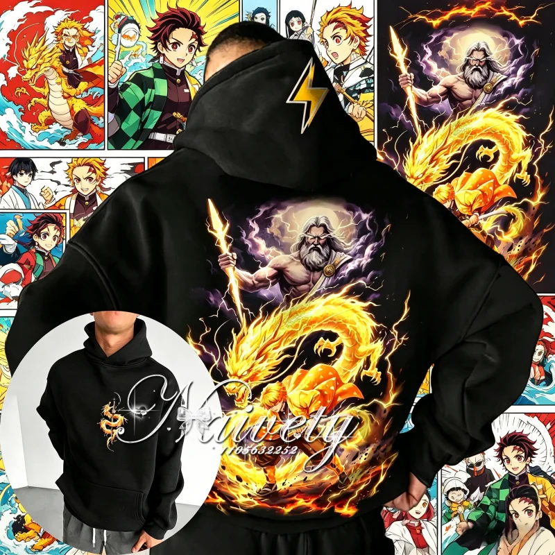 

2026 Autumn Winter Hot Demon Slayer Zenitsu Thunder Dragon Print Hoodie Cotton Warm Streetwear Parent-Child Couple Sweatshirt