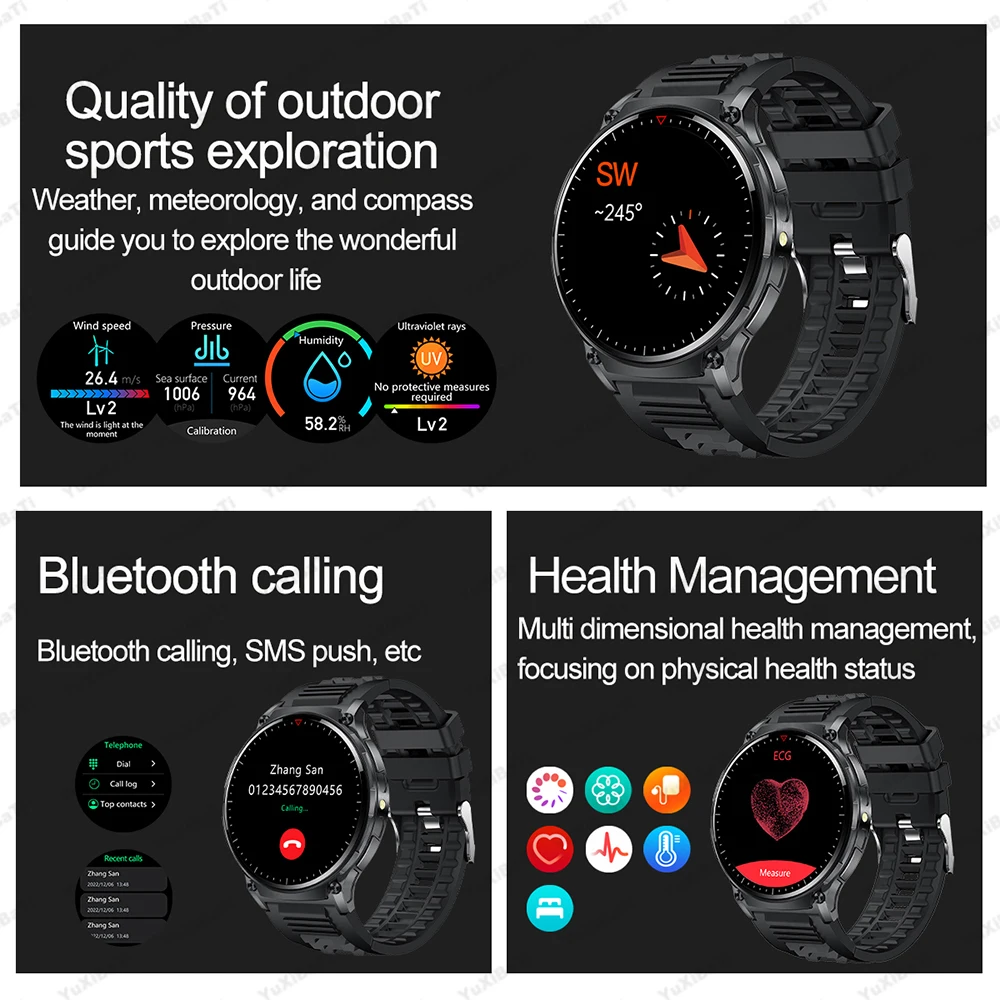 New Smart Watch Men Heart rate Health Tracker Exercise Mode Compass NFC Bluetooth call LED Flashlight Smartwatch For Xiaomi 2024