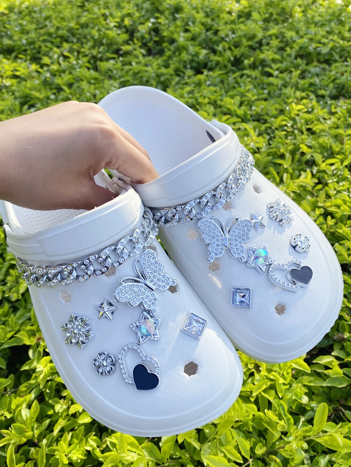 

16 серебряных бриллиантов в горошек, большая бабочка, сердце, снежинка, пятиконечная звезда, цепочка с бриллиантами в горошек, пряжка для обуви, украшения своими руками, мульти