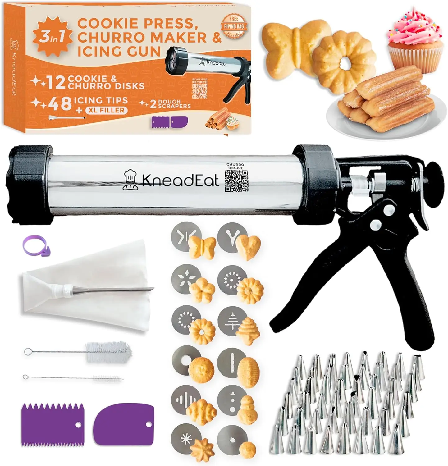 

68pc Churro Maker & Cookie Press Kit with 12 Discs, 48 Icing Tips for Baking Decor