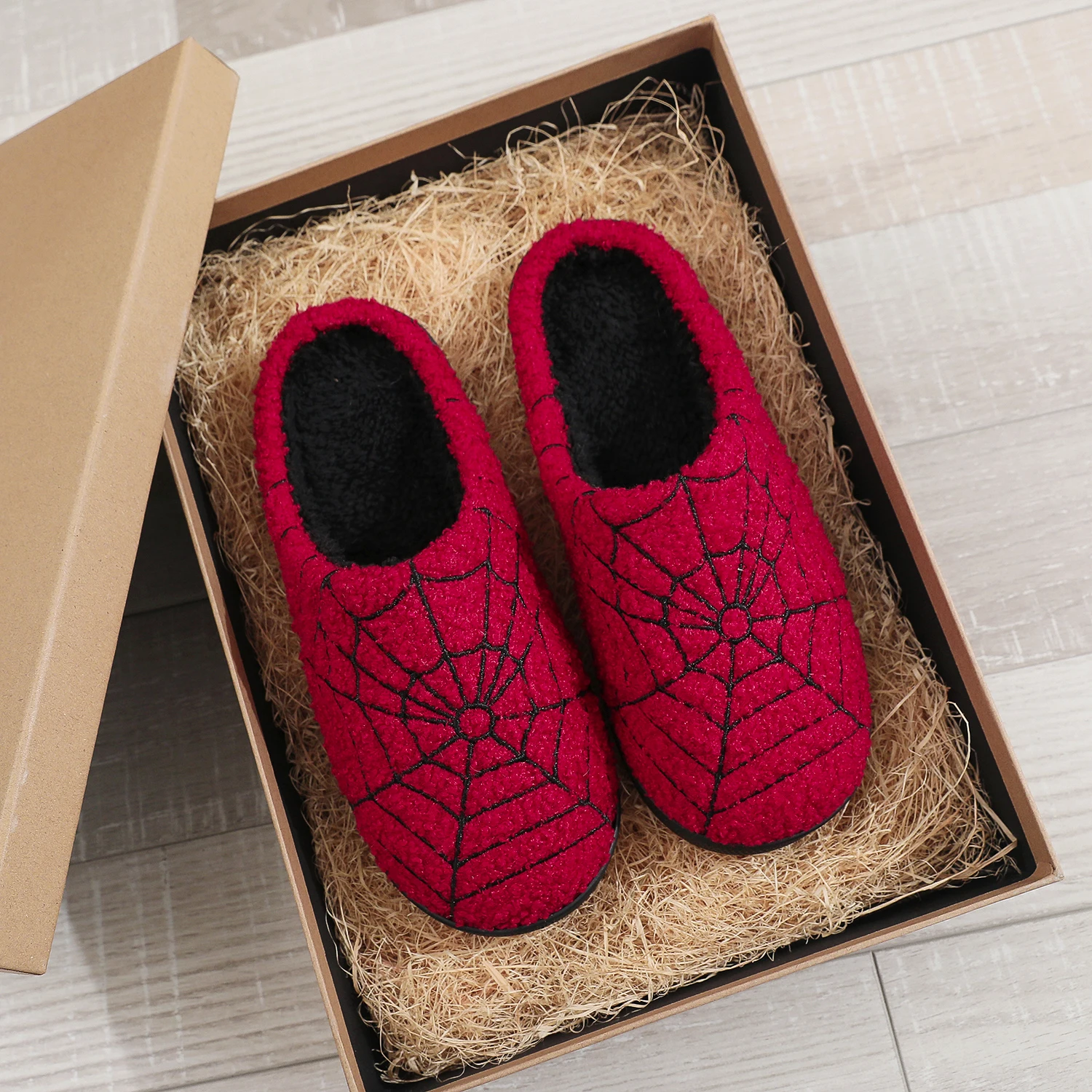 Autumn and Winter Dark-Style Spider Web Embroidered Plush Home Cotton Slippers, with Thick Plush Lining for Warmth and Cold Protection, Closed-Toe Non-Slip Soft Sole, Cool Red and Black Color Scheme with Embroidery Design, Rich Halloween Atmosphere, Unique and Personalized Style, a Special Holiday Gift for Festival Celebrations and for Friends to Exchange