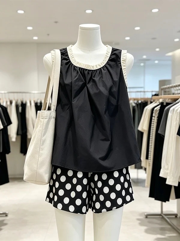 

Large Size Women's Summer New Style Lace round Neck Sleeveless Shirt Polka Dot Shorts Set Casual High Waist Korean Version