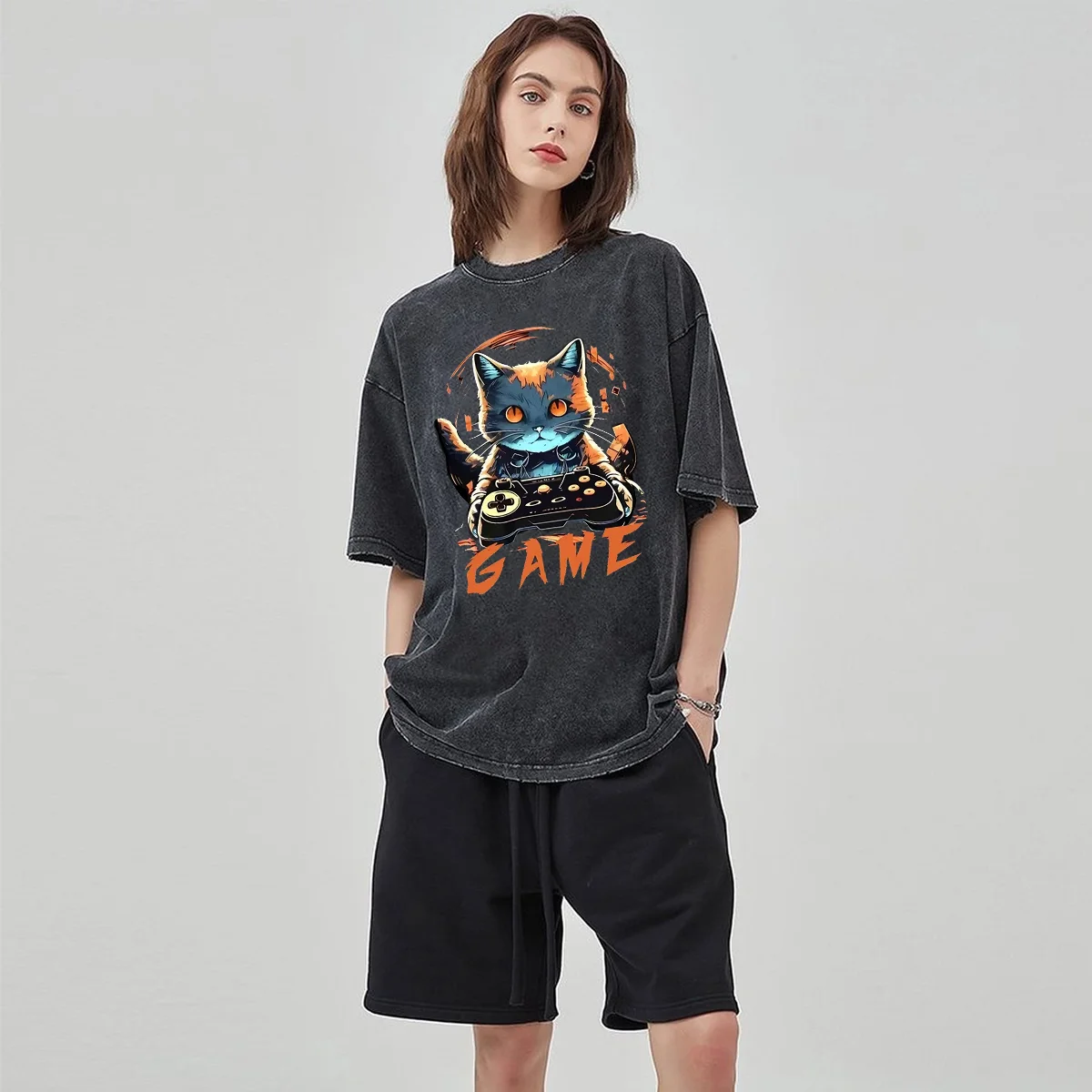 

2024 Summer New Unisex T-Shirt Y2K Oversized Game Monogram Print Wash Neutral Short Sleeve Casual Trend Hip Hop Outfit Men