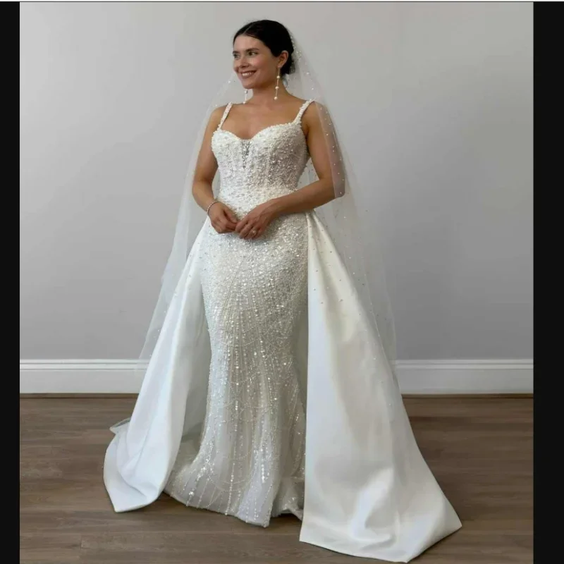 Customized  Spaghetti Strap Sparkly Beads Pearls Wedding Dress  Vestidos De Novia  Elegant Bridal Gowns with Removable Skirt