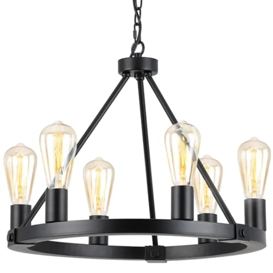 

Black Wagon Wheel Chandelier, 6-Light Industrial Pendant Light, 20'' Farmhouse Ceiling Hanging Chandelier Light Fixture for Liv