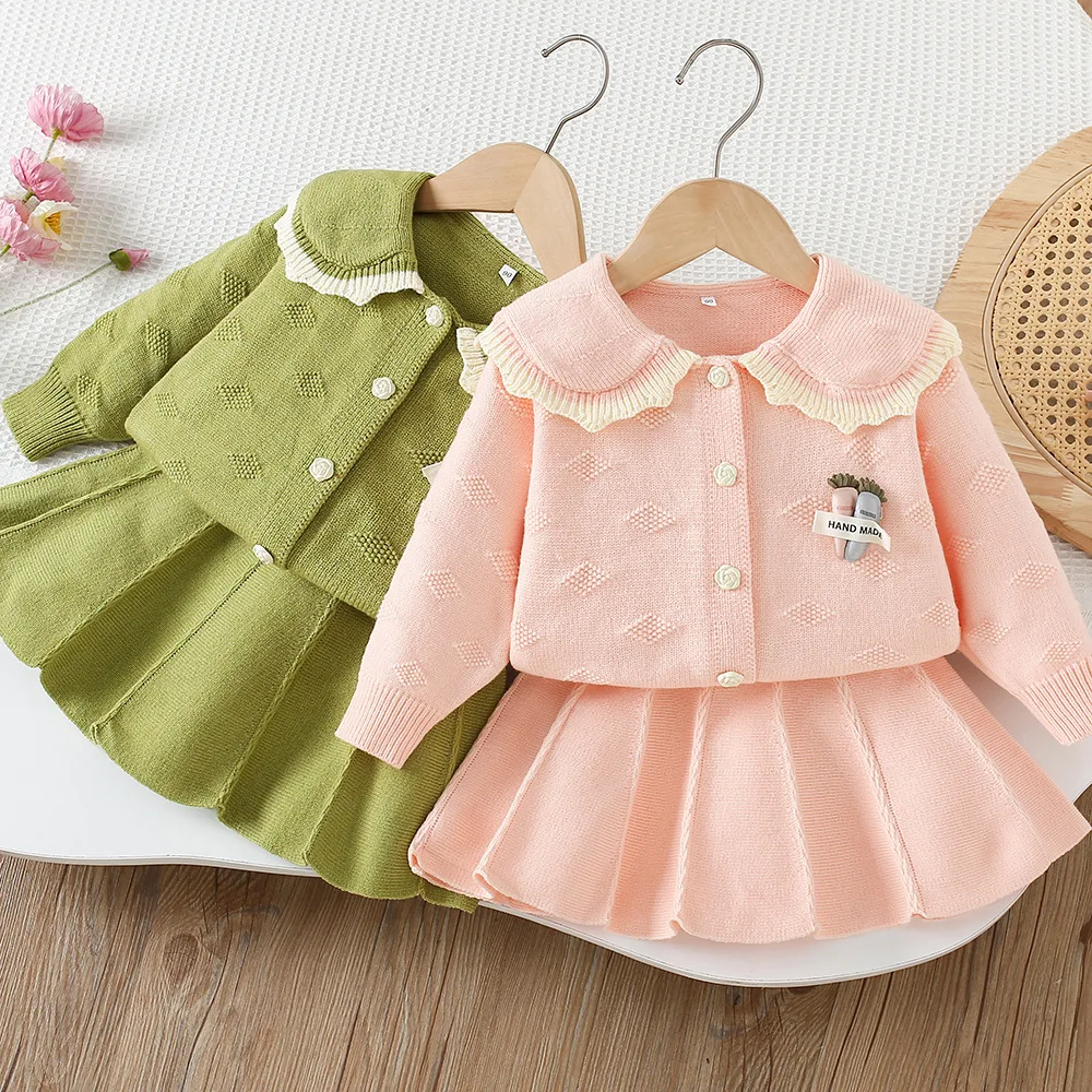 

Girls Dress Clothes Sets Spring Autumn Children Woolen Jersey Sweaters Coats Skirts Kids Princess Suit For Baby Knitted Outfits