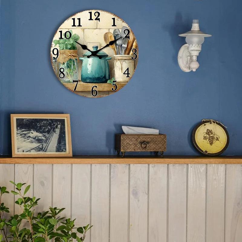 A Non-scale Wooden 2D Flat Wall Clock with a Circular Design Featuring Herbal Plants, Suitable for Kitchens and Various
