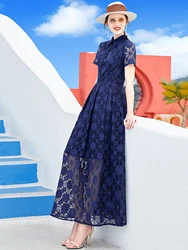 Elegant Long Maxi Dress Embroidered Lace Hollow Out Slim Fit Party Evening Dress Turn-down Collar Dresses Summer Woman Vestidos