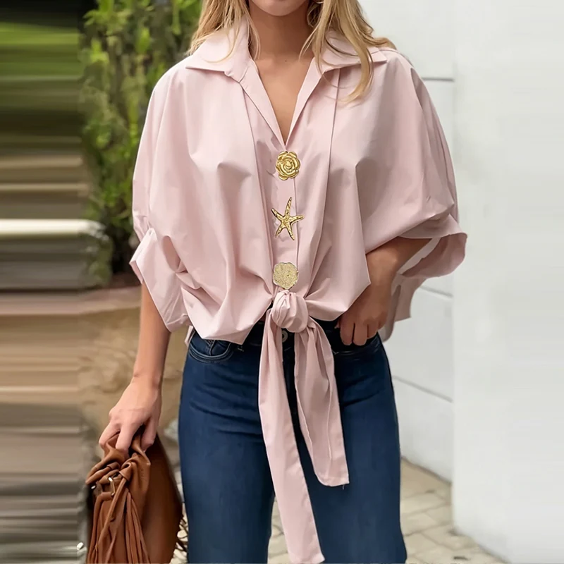 Metal Buttons Irregular High Street Women's Tops Vintage Solid Color Fluffy Blouses V Neck Pueff Sleeves Loose Commuter Shirt