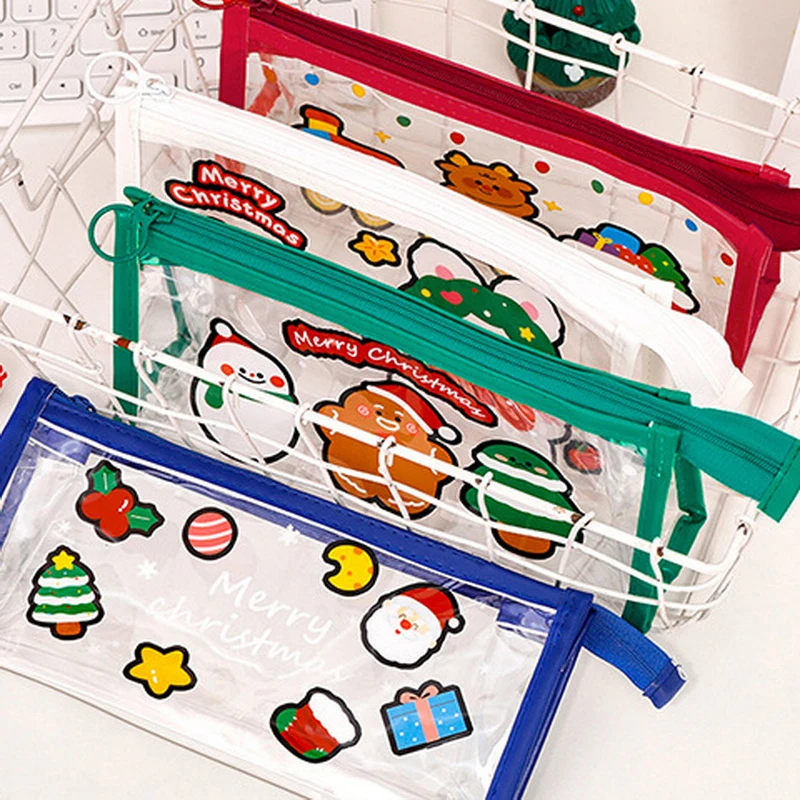 Cute Christmas PVC Pen Case Storage Stationery Bag Pencil Box Transparent Large Capacity Pencil Case Kids Christmas Gift