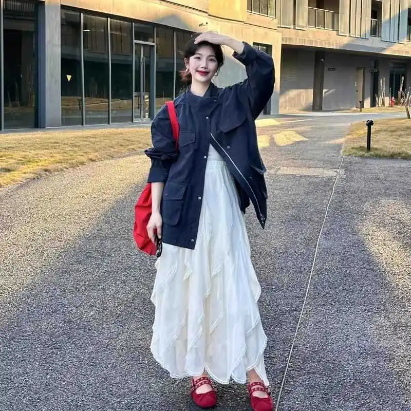 Spring Sweet Elegant Solid A-line Women Long Skirt  Korean Style Lace Ruffle Skirt Asymmetrical Retro Street Layered Skirts
