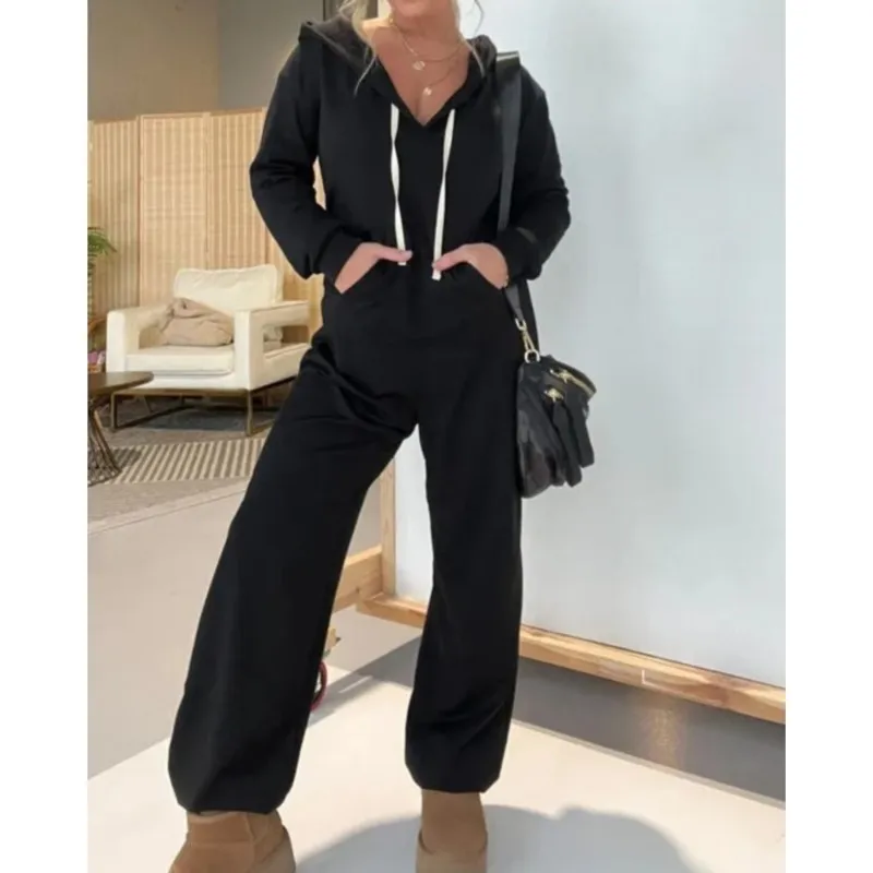 2024 Winter New Leisure Sportwear Elastic Fashion Elegant Hoodies Jumpsuit Women Long Sleeve One Piece Outfit Warm Overalls