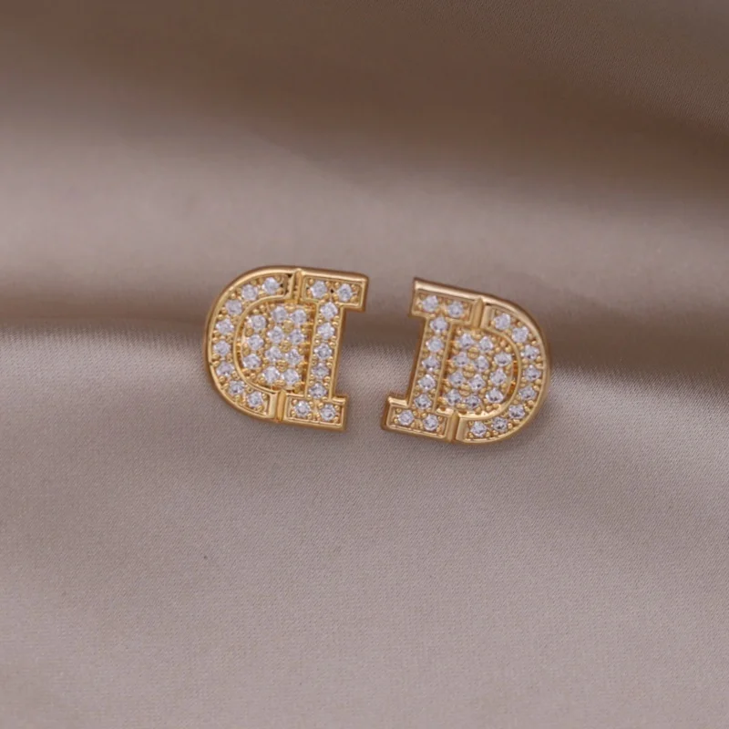 South Korea new design fashion jewelry 14K gold plated luxury zircon letter D earrings elegant women's daily work accessories