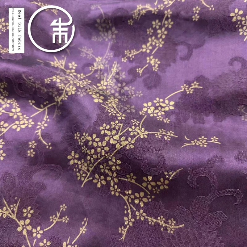 High Quality Purple Background Plum Blossom Fragrant Cloud Yarn Silk Fabric Designer Cloth Real Silk Cheongsam Dress 30momme