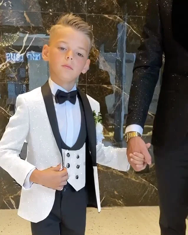 Shiny Silver Grey Boys Suit Wedding Tuxedo 3 Piece Set Jacket Pants Vest Formal Kids Blazer Party Tuxedo Clothes