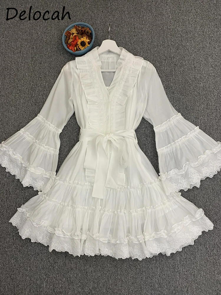 Imagem -02 - Delocah-vestido Flare Branco para Mulheres Manga Longa Babados com Cinto Bainha de Renda Vestidos Grandes Moda Estilista Alta Qualidade Verão