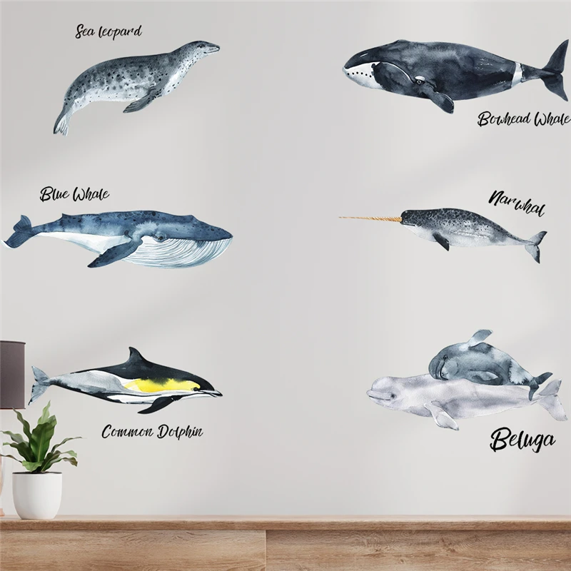 Dolphin Whale Narwhal Beluga Pattern Wall Stickers For Shop Studio Office Home Decoration Ocean Fish Mural Art Pvc Decals Poster