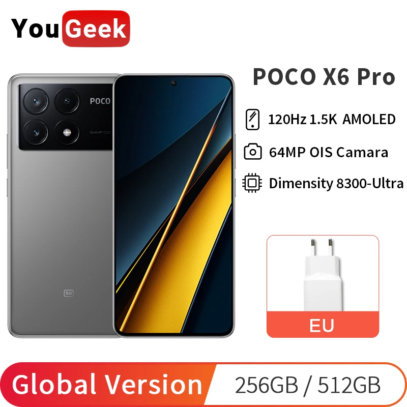 글로벌 버전 POCO X6 Pro 5G 스마트폰 120Hz 1.5K AMOLED 디스플레이 64MP OIS 카메라 67W 터보 충전 MTK Dimensity 8300-Ultra 