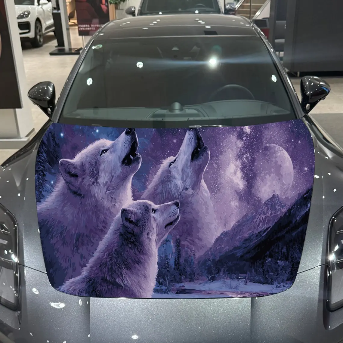 Purple Galaxy Howling Wolf Mystic Exploration Wonder PVC Car Hood Wraps, Self-Adhesive Waterproof Car Bonnet Decal Sticker, Car