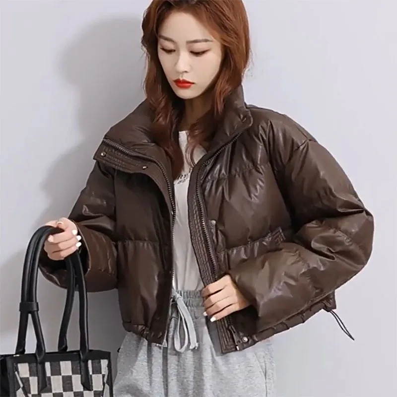 Female Fashion Drawstring Thickened Loose Short Coats Women Cotton Padded Jacket Winter Warm Stand Collar Zipper Puffer Parkas