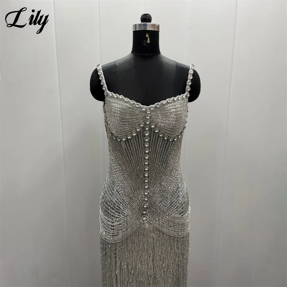 Lily Silver Sparkly Evening Dress with Crystal Beaded Mermaid Prom Dress Spaghetti Strap Formal Gown robe de bal Customized