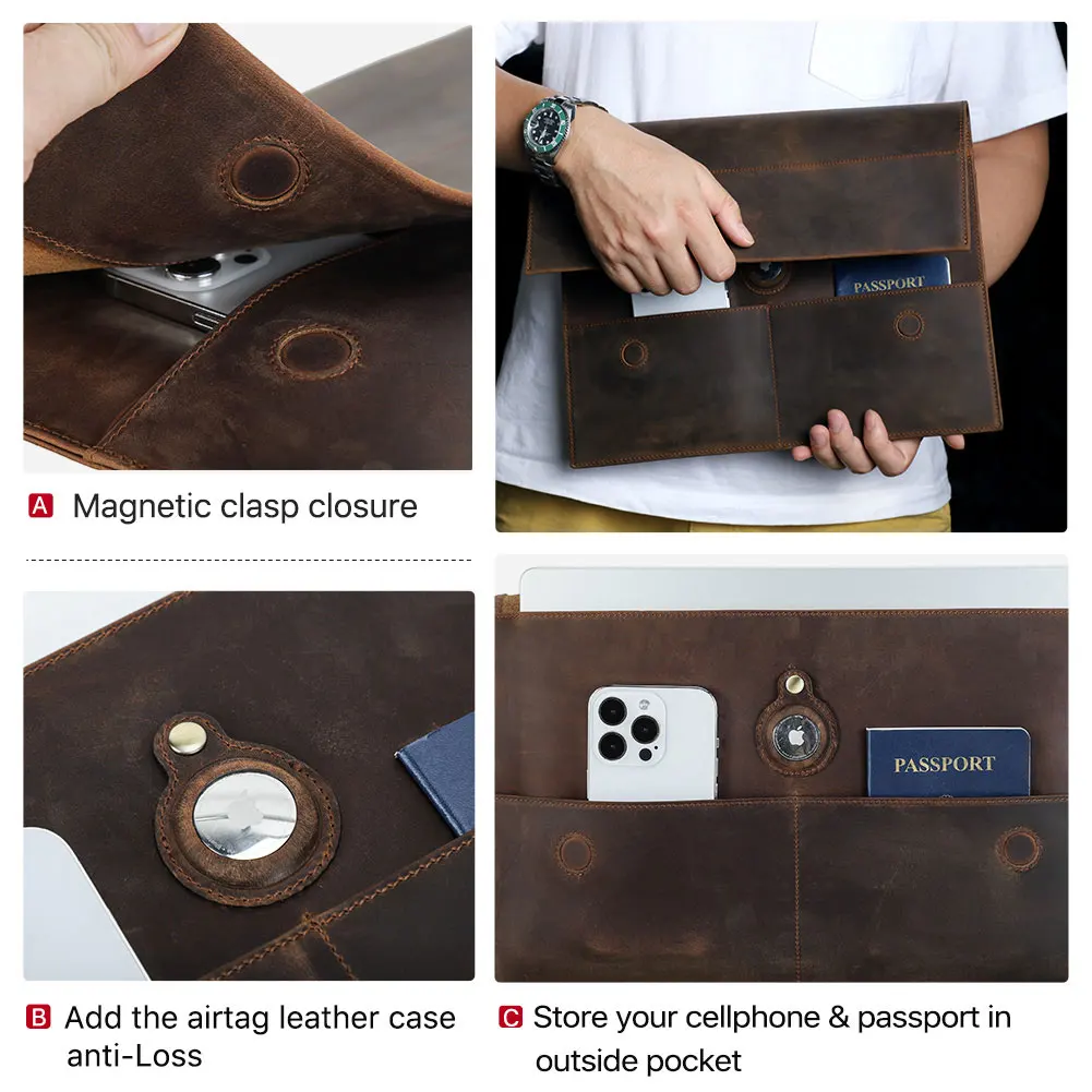 Handmade Genuine Leather Laptop Business Bag Protective Macbook M2 M1 Air 13 14  15 16 Inch Travel Sleeve Bag with Airtag Case