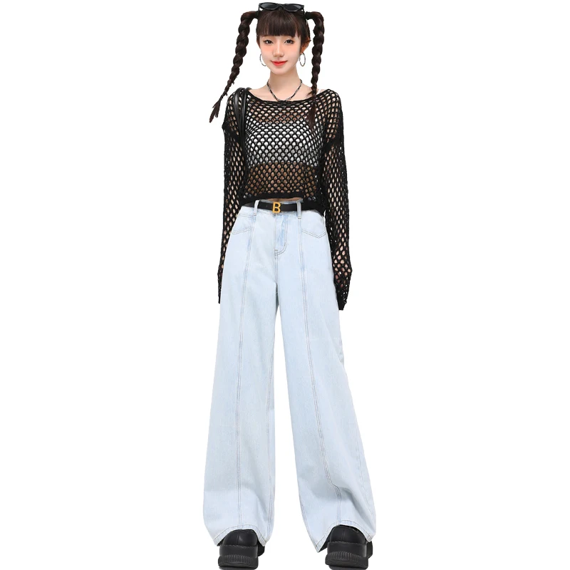 Pantalones vaqueros de cintura alta para mujer, pantalones vaqueros informales de pierna ancha, estilo americano Vintage, pantalones largos rectos cómodos azules