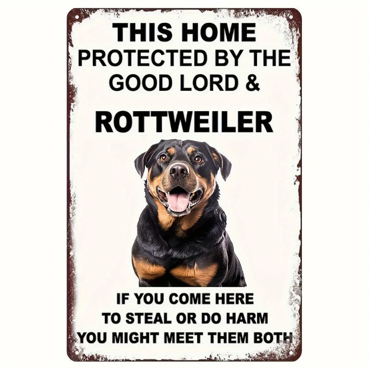 Retro Metal Wall Decoration - Rottweiler Guarding Property Sign with Funny Caution Message, 30.48X20.32 cm Rustic Iron Home Deco